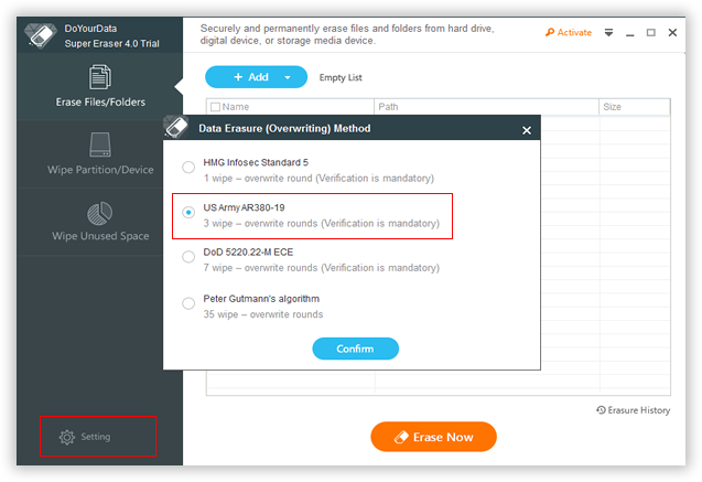 Set Algorithm for Data Wiping 